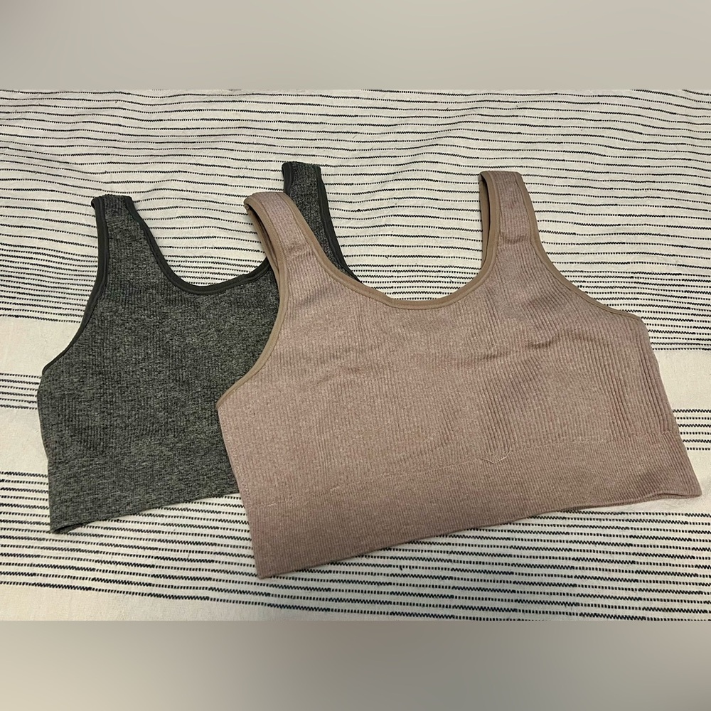Aerie (2) Superchill Seamless Non-Padded Ribbed Scoop Bralette, Gray & Nude, XL